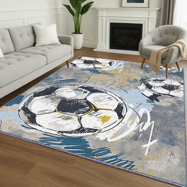 Football Print Area Rug – Black & White Sports Carpet for Bedroom, Living Room & Yoga