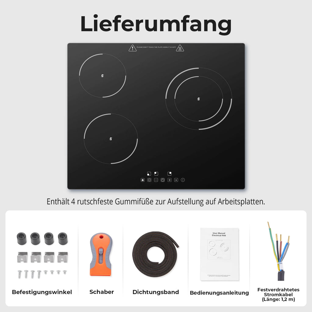6000W 4-Zone Ceramic Induction Hob – 60cm Black Glass, Touch Control, 9 Power Levels, Timer & Child Lock