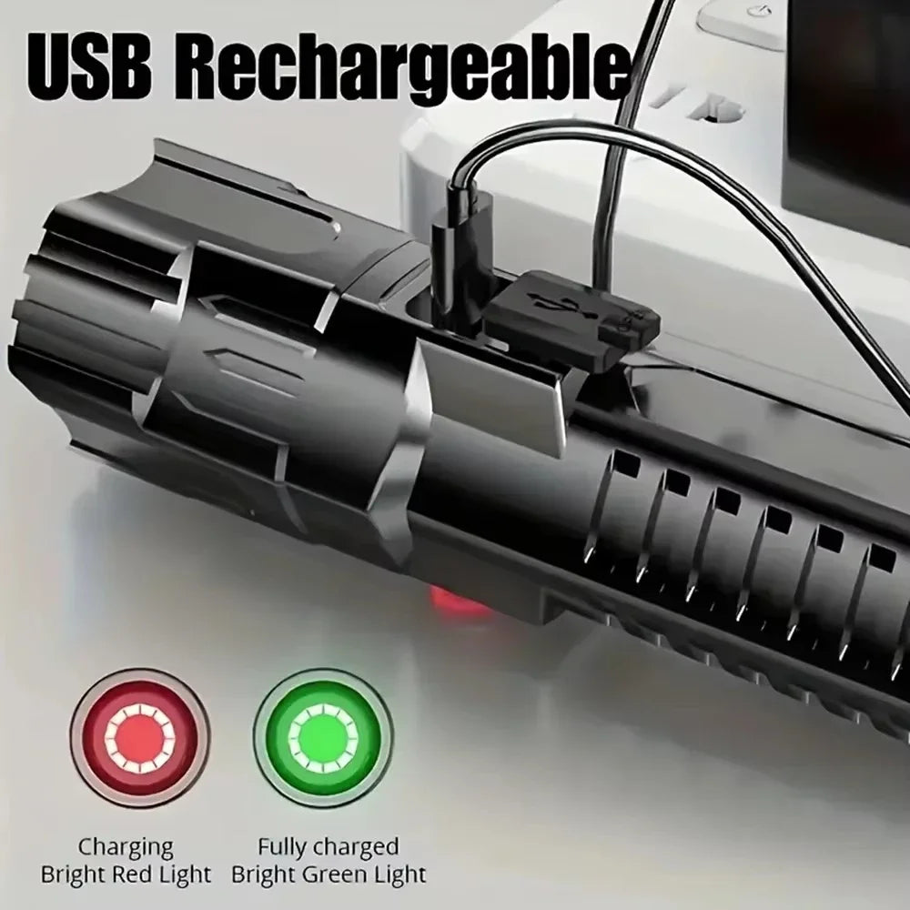 Zoomable LED Flashlight – USB-C Rechargeable, 3 Modes, Waterproof, 8–12hr Runtime for Camping & Hunting