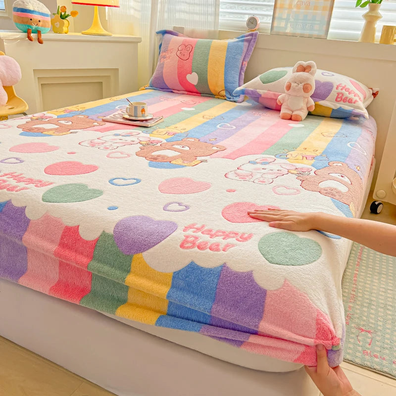Flannel Fleece Fitted Bed Sheet – Warm Cartoon Purple, Elastic Single to King, Winter Bedsheet