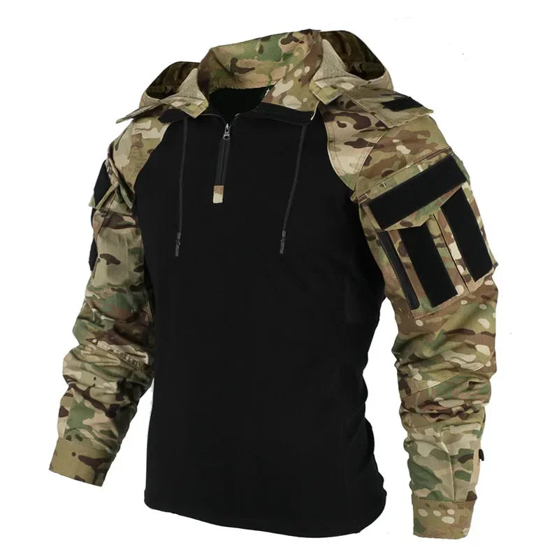 Men's Tactical Combat Suit – Camo Hooded Shirt & Cargo Pants with Pads