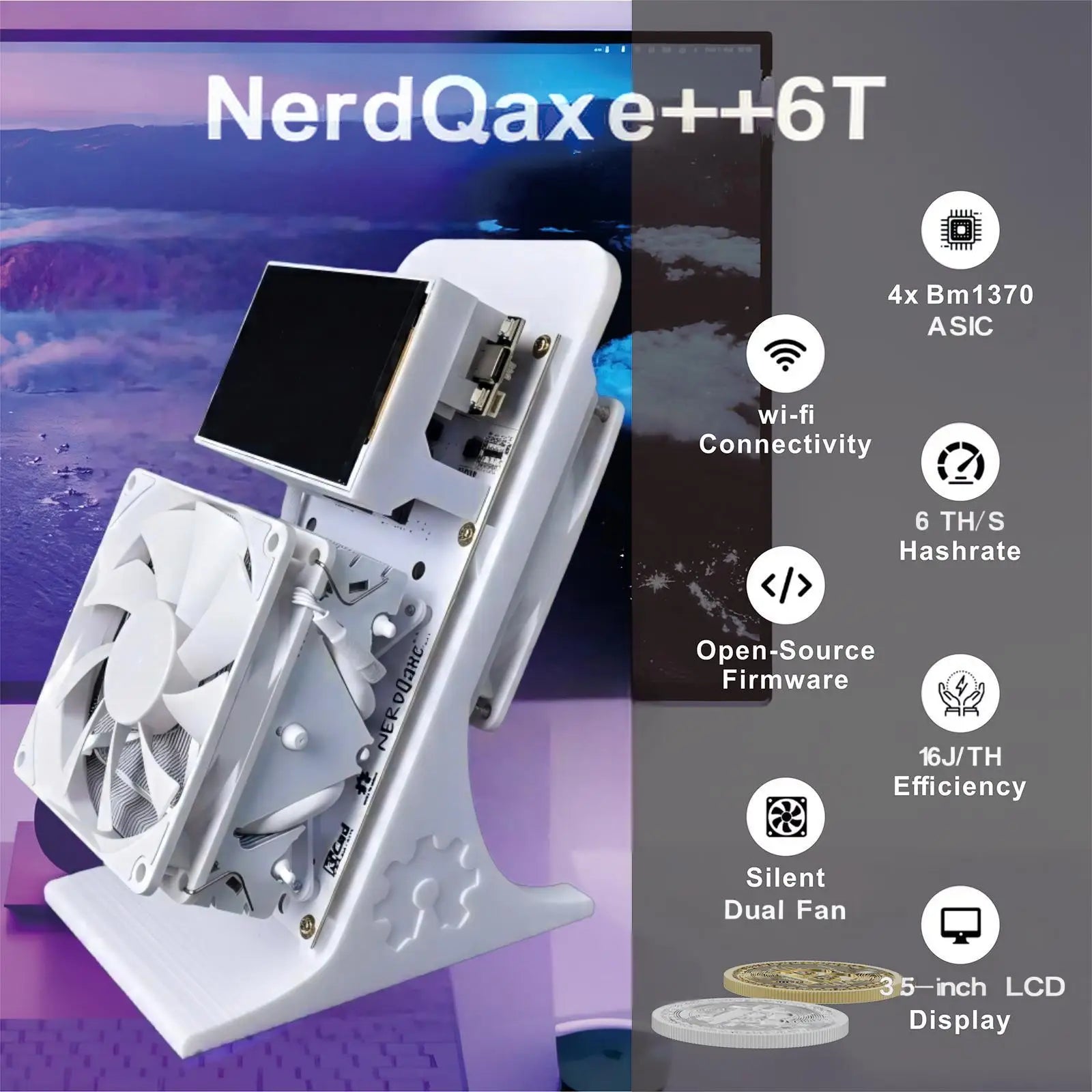 NerdQaxe++ Rev6.1 Bitcoin Miner – 6TH/s, 100W, 2.4G WiFi, SHA-256 Open-Source ASIC