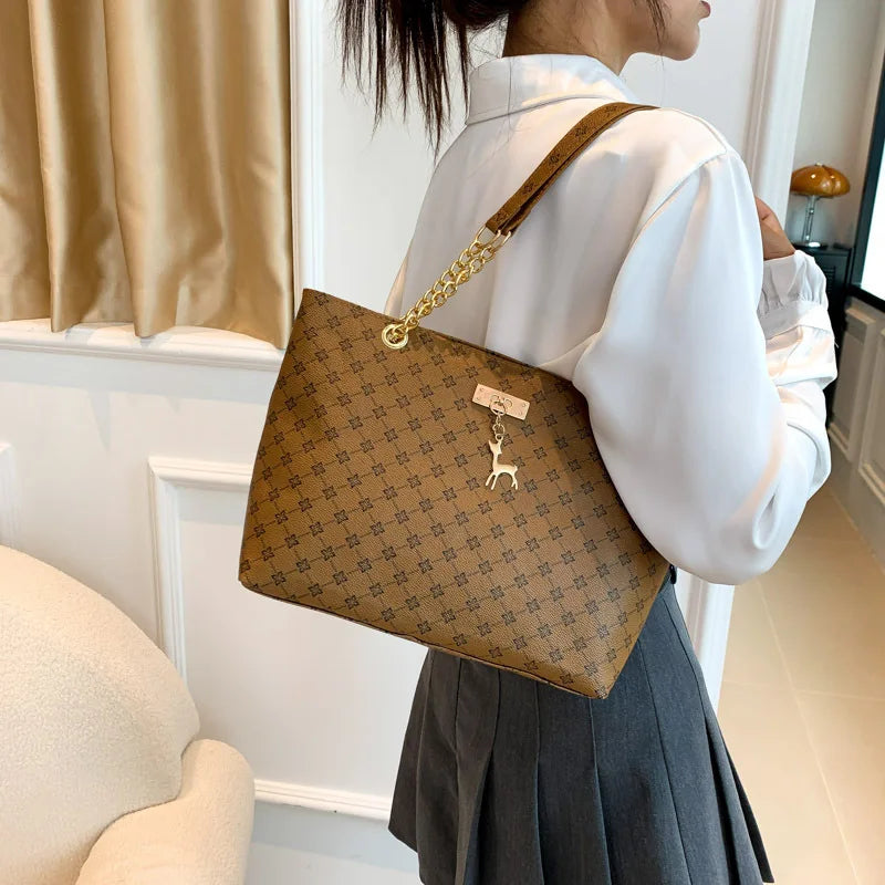 Soft Leather Large Capacity Tote Bag – Women's Shoulder Bag with Hanging Accessories