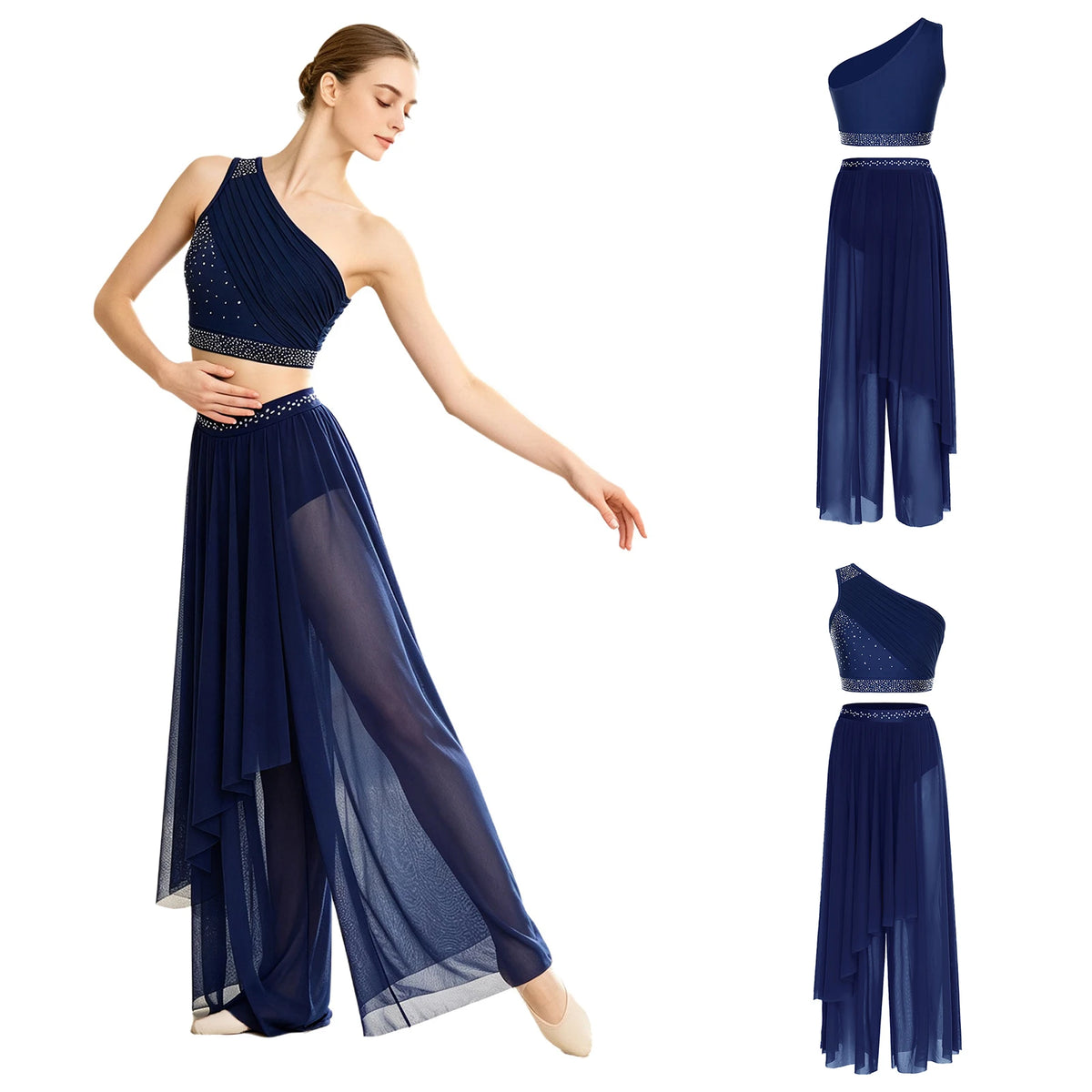 Women's Dance Performance Costume – Shiny Crop Top & Sheer Pants for Skating, Gymnastics & Ballet