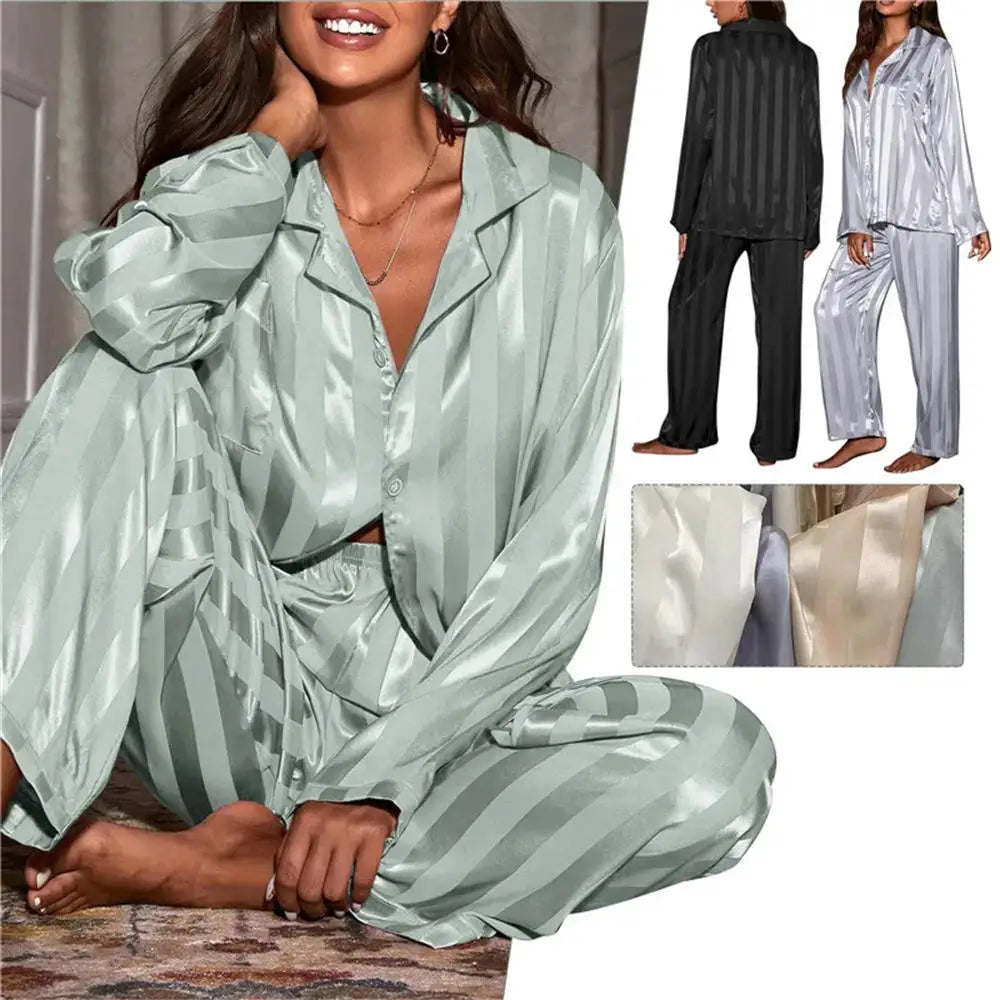 Women's Summer Striped Satin Pajama Set | Long Sleeve Top & Trousers Silk Homewear