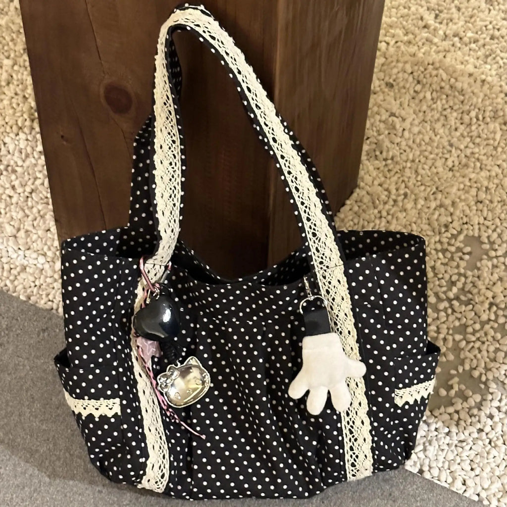 Korean Vintage Canvas Shoulder Bag – Cute Lace Large Capacity Tote & Underarm Handbag for Women