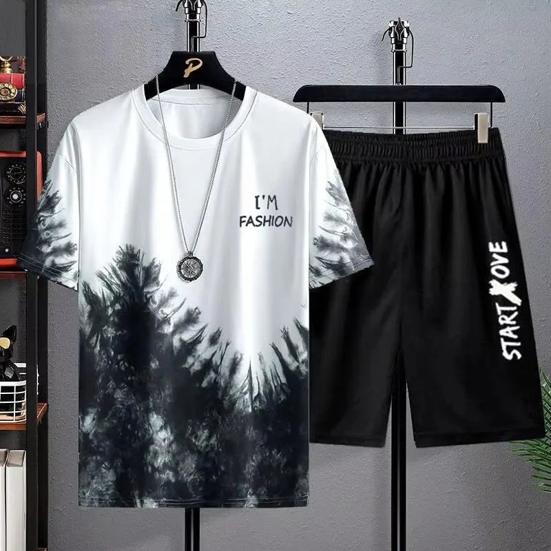 Men's Gradient Print T-Shirt & Shorts Casual Summer Sporty 2-Piece Set