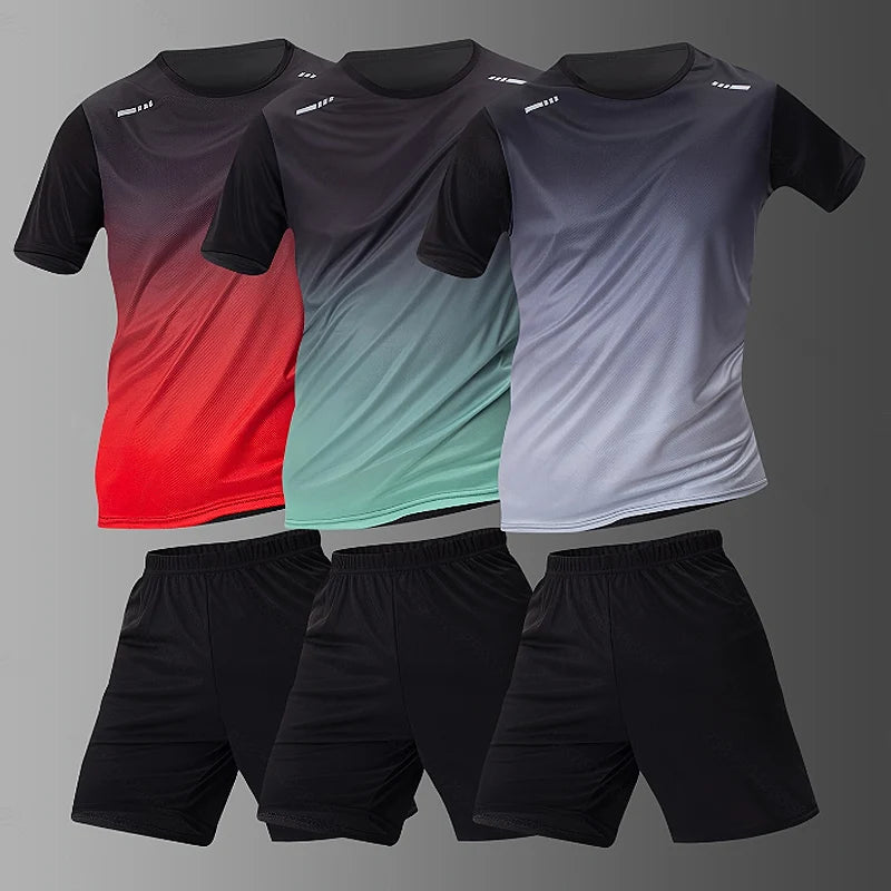 Men's Gradient Multi-Color Short Sleeve & Shorts Sport Set – Breathable Casual 2–4 Piece