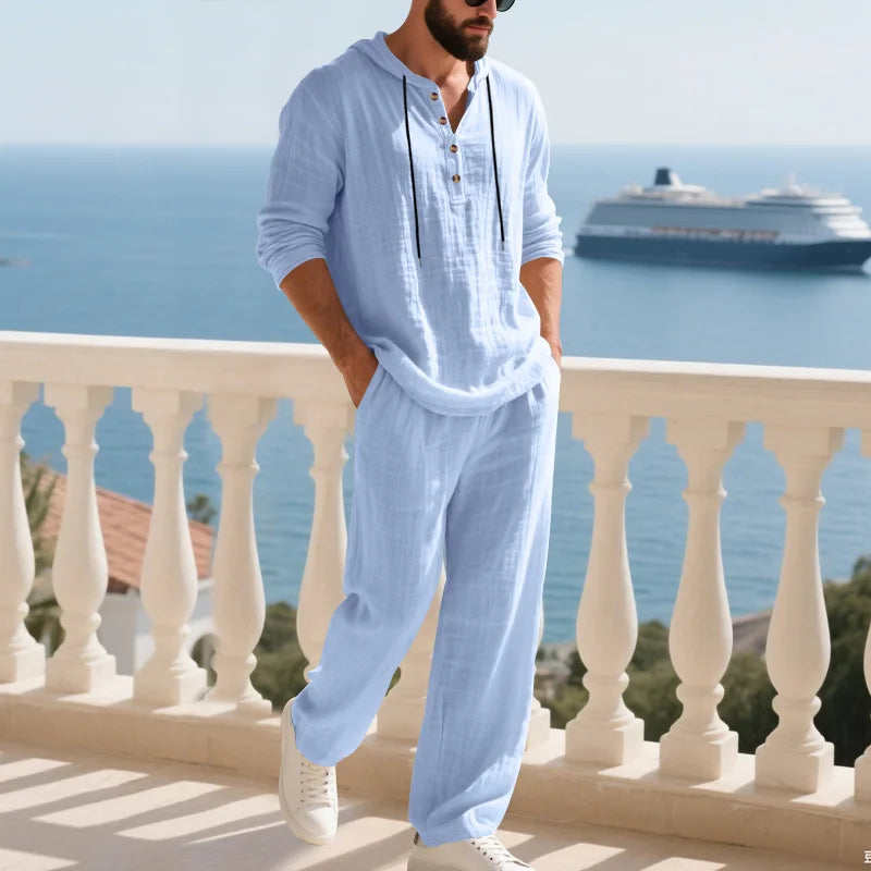 Men's Linen Casual Loose Hooded Henley Shirt & Long Pants Set – Relaxed Autumn 2-Piece Suit