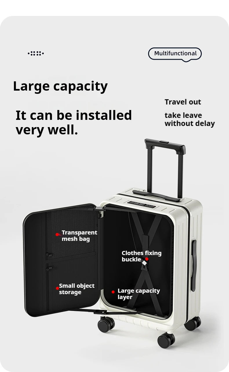 New Front Open Suitcase Hut Trolley Box 20/24/26 Inch High Quality Frame Large Capacity Suitcase Men's Ladies' Travel Case