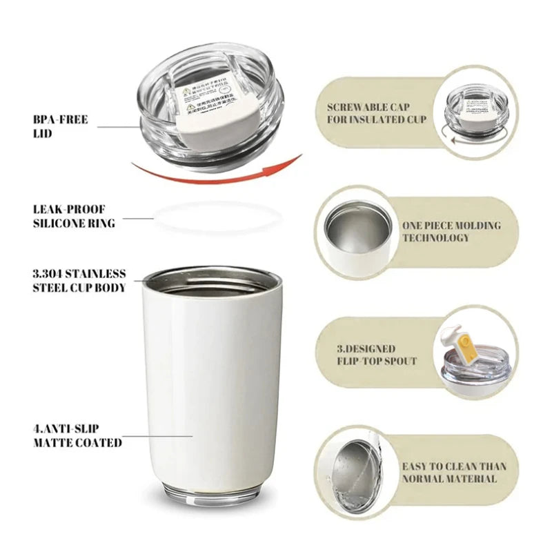 240ml Stainless Steel Vacuum Thermos Tumbler – Insulated Coffee Mug for Car & Travel, 12–24Hr, Milky White