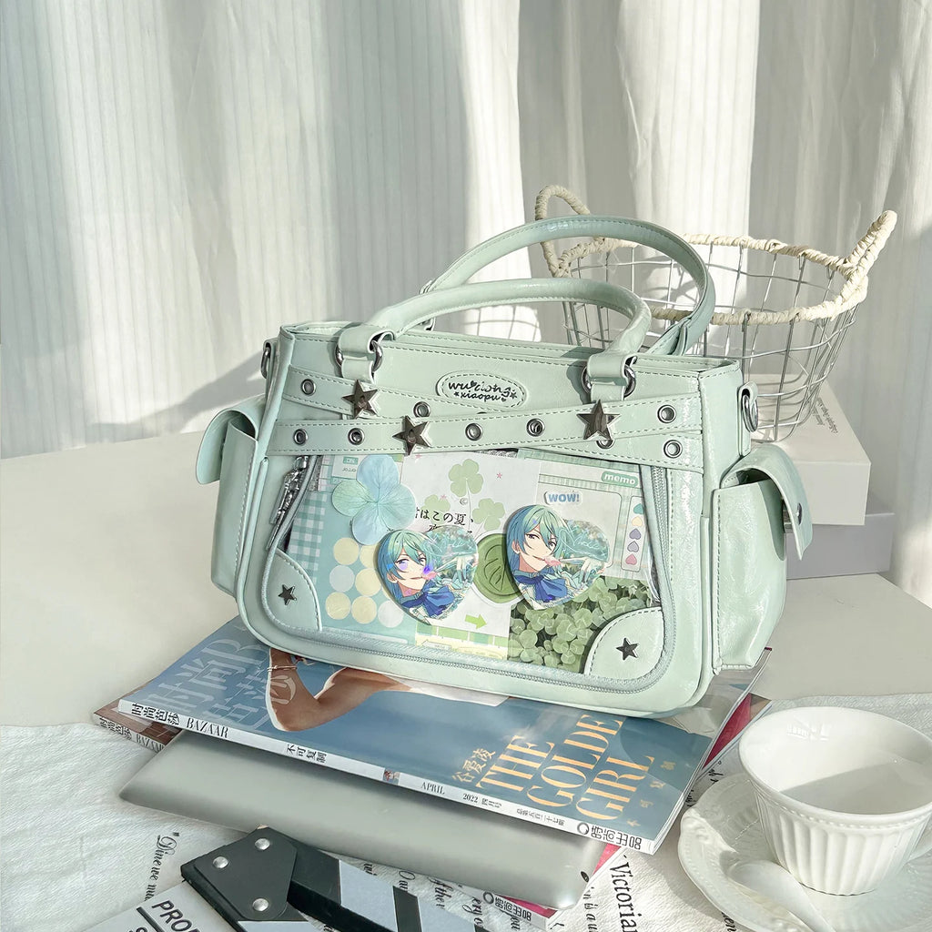 Miyagawa Transparent Rivet PU Tote Bag – Multi-Function Crossbody Shoulder Handbag for Women