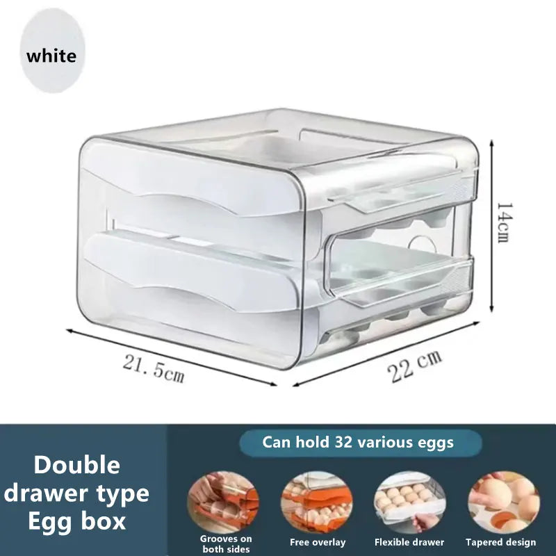 2-Layer Drawer Egg Storage Box – 32-Grid Fridge Egg Organizer, Dust-Proof & Stackable