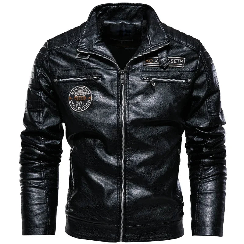 Men's Fleece-Style Faux Leather Jacket – Stand Collar