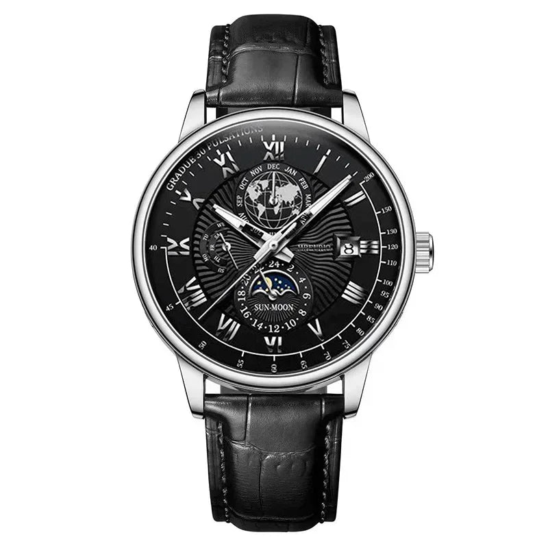 Men's Moon Phase Chronograph Quartz Watch | Luminous Leather Strap Luxury Sport Wristwatch