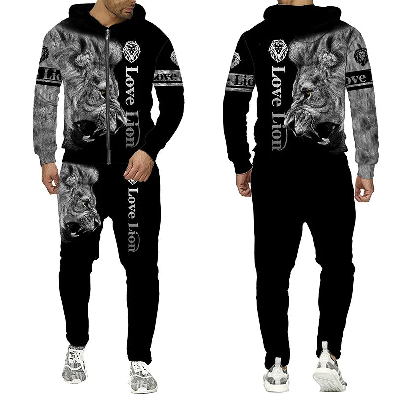Men's 3D Lion Print Zip-Up Hoodie & Elastic Waist Pants Tracksuit Set