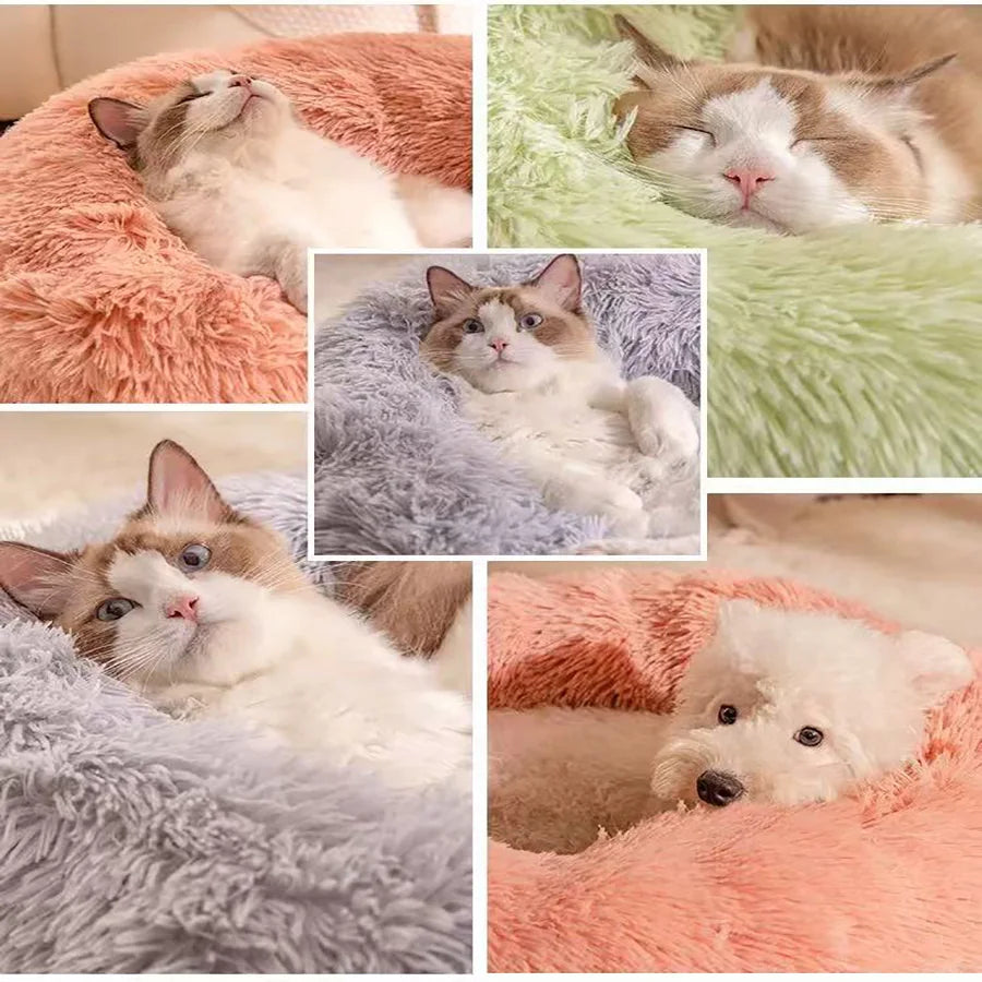 Plush Faux Fur Donut Pet Bed – Warm Calming Round Bed for Small & Medium Dogs & Cats