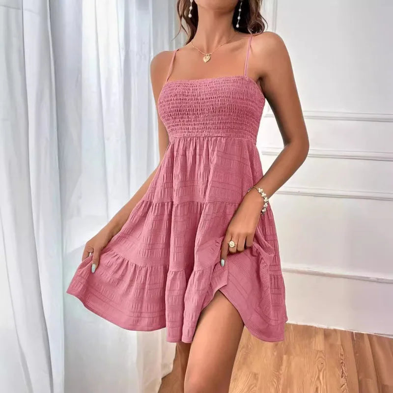 Women's Smocked Bustier Ruffled Tiered Swing Mini Dress – Spaghetti Strap Beach Vacation Dress