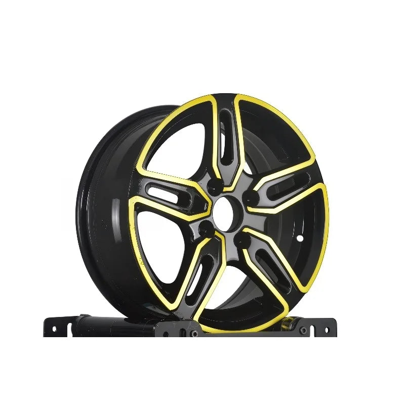 A black multi-spoke alloy wheel rim with bright yellow accent lines, shown on a black display stand against a plain white background.