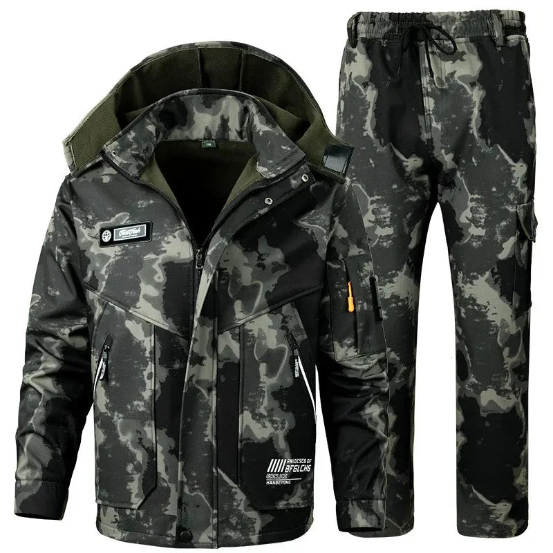 Men's Velvet Thickened Windproof Waterproof Outdoor Jacket & Pants Set – Warm Winter Work Suit