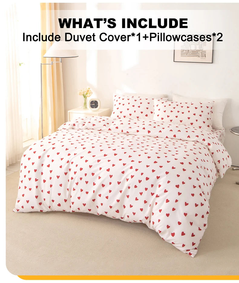 Red Heart Print Duvet Cover Set – 3-Piece Soft Skin-Friendly Bedding with Pillowcases, Twin to King