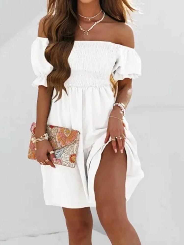 Off Shoulder Puff Sleeve Short Dress — Sexy Fashion Summer Mini Dress