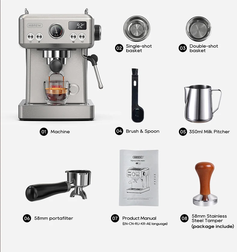 HiBREW H10A 20-Bar Semi-Automatic Espresso Machine | 58mm Portafilter, Temperature Control, Stainless Steel