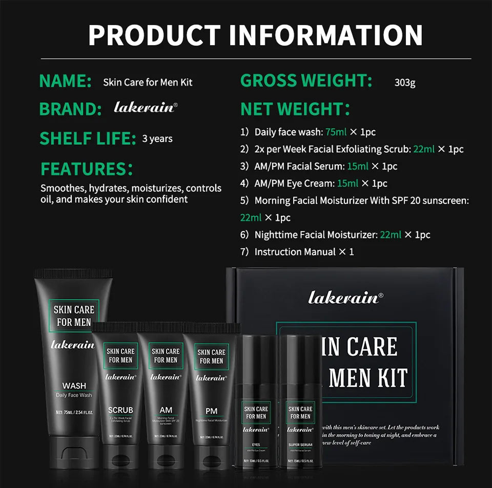 Men's 3-in-1 Daily Skin Care Kit – Face Wash, Moisturizing Cream & Eye Cream for Anti-Aging & Oil Control