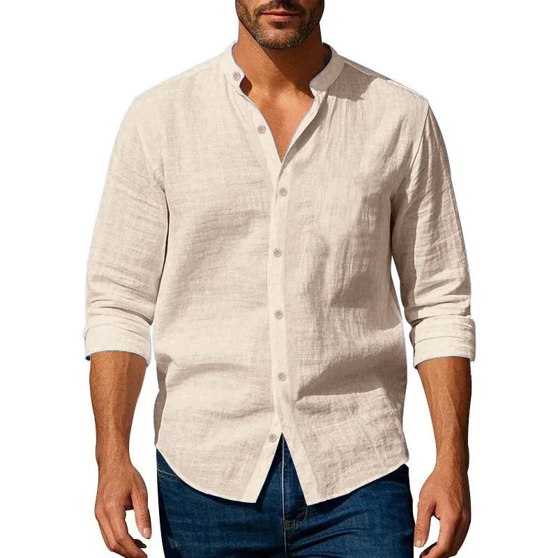 Men's Cotton Linen Henley Long Sleeve Shirt — Slim Fit Breathable Button-Up
