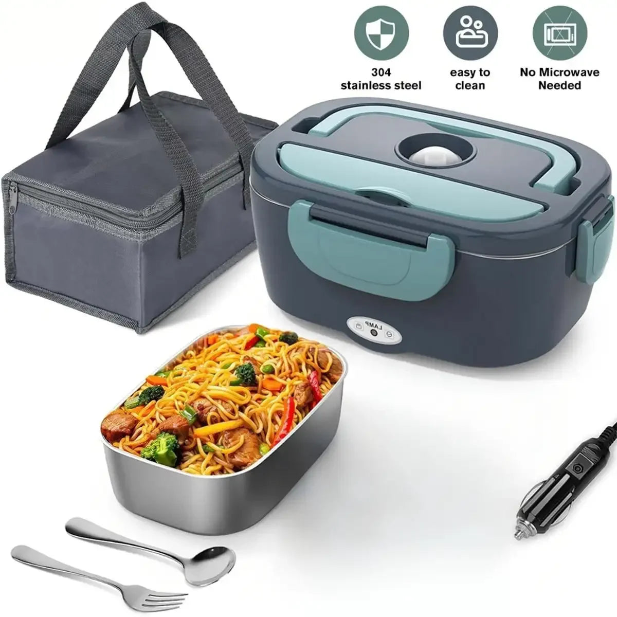 Lunch box set with food container, gray bag, and utensils on a white background