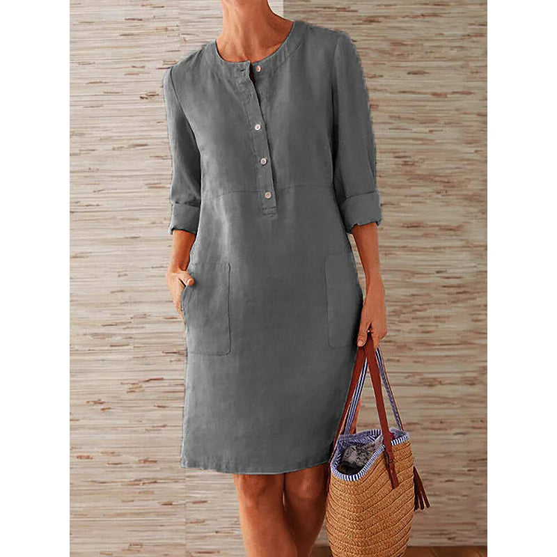 Women's Cotton Linen Tunic Dress – Long Sleeve Vintage Straight Oversized Casual Dress