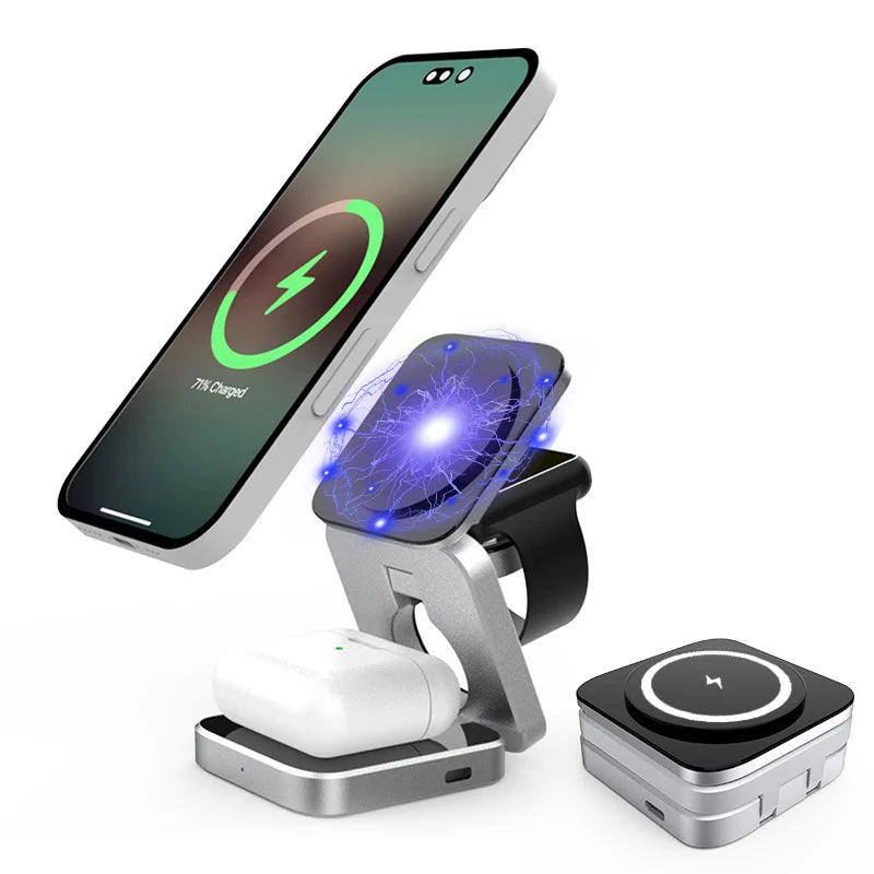 Foldable 3-in-1 Magnetic Wireless Charging Station for iPhone 12–17, Apple Watch & AirPods – Travel Charger
