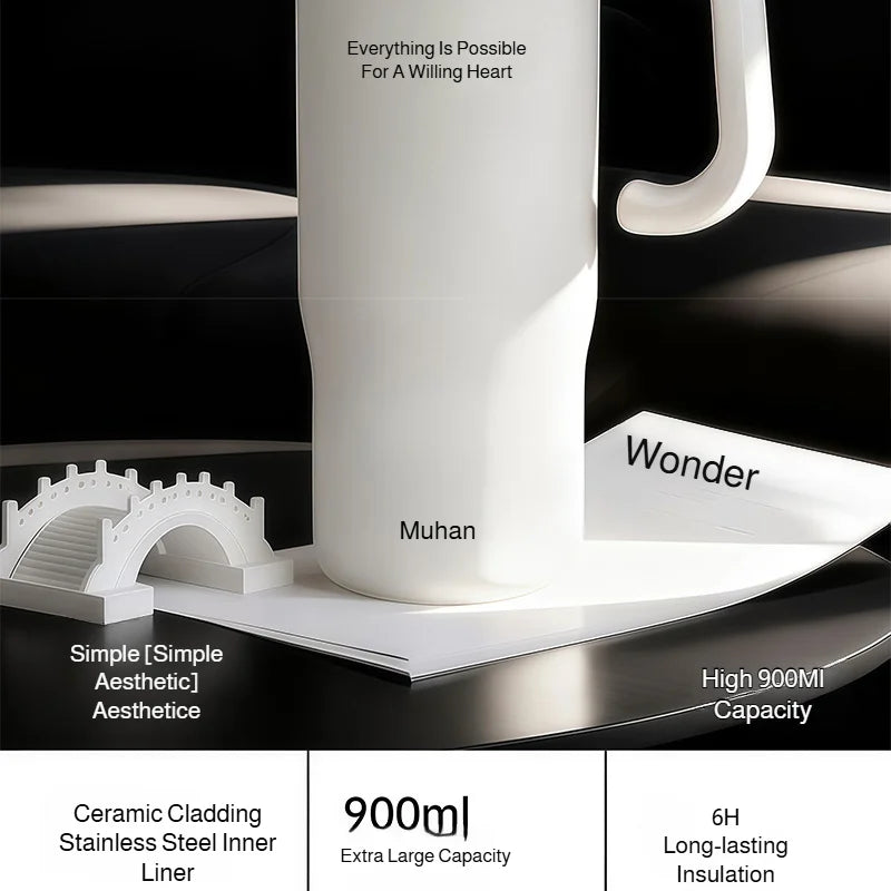 900ml Ceramic Interior Tumbler with Handle & Straw – 201 SS Shell, Dishwasher Safe, 24Hr Cold, Modern Minimalist, 3 Colors