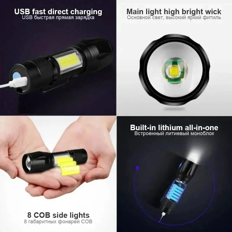 USB Rechargeable Mini Zoomable Flashlight – COB+XPE 3-Mode Camping & Emergency Torch