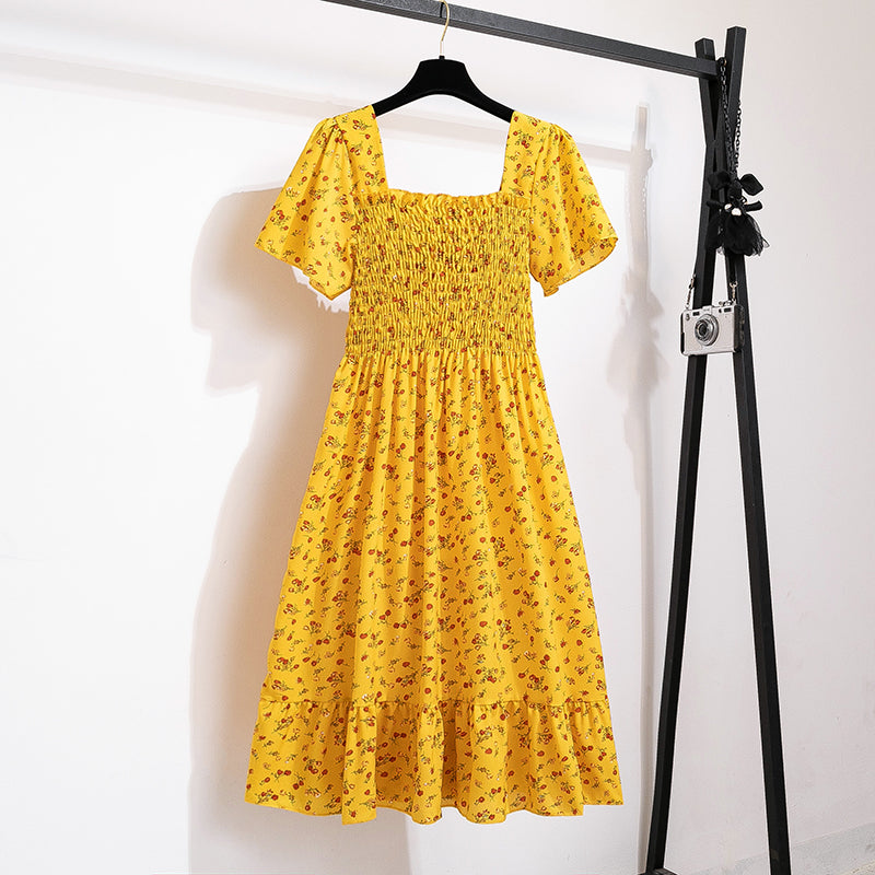 Women's Chiffon Floral Pleated Midi Dress – Short Sleeve Elastic Waist Backless Casual Dress