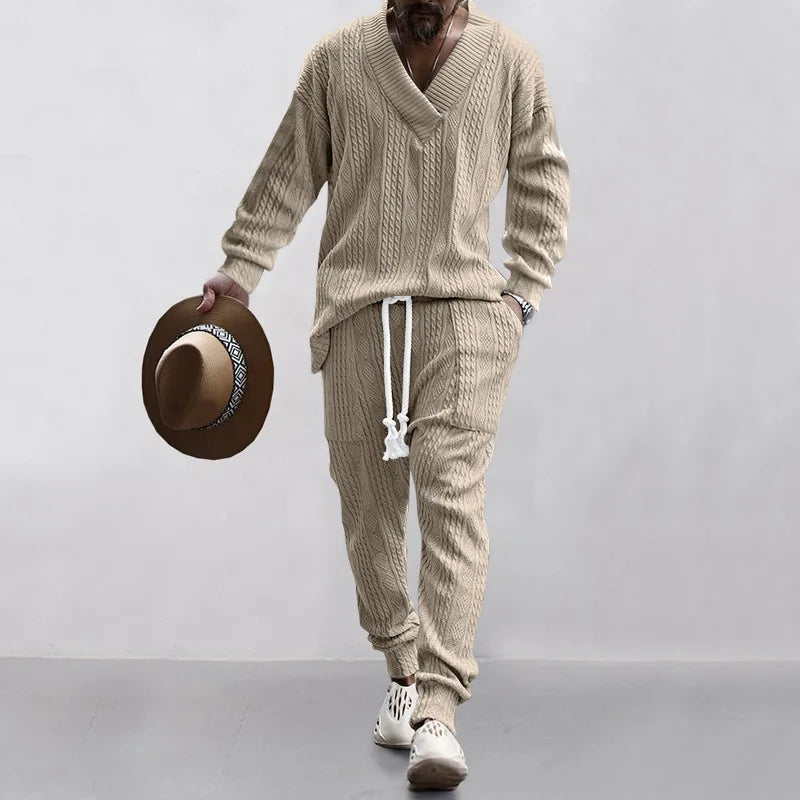 Men's Jacquard Knit Sweater & Casual Trousers Two-Piece Set