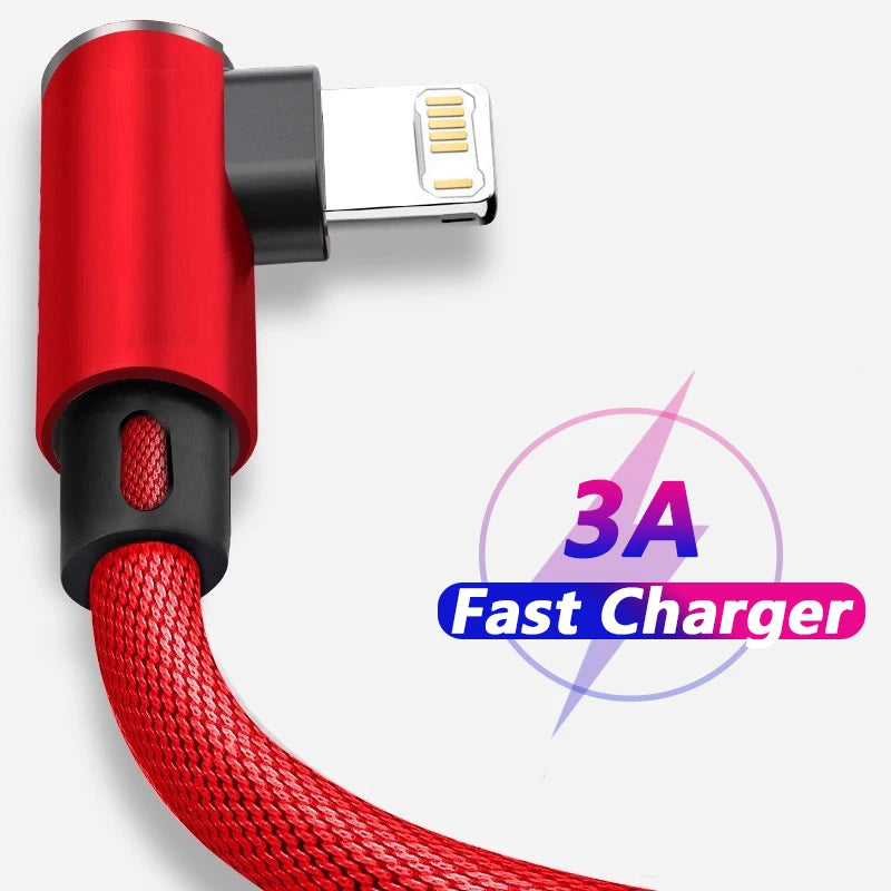 90-Degree Right Angle Lightning Fast Charge Cable – 3A Braided Cord for iPhone, 0.3m to 3m, 3 Colors