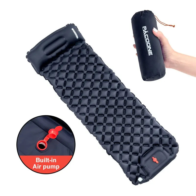 Outdoor Camping Inflatable Mattress with Pillow – Ultralight Air Mat with Built-In Pump for Hiking