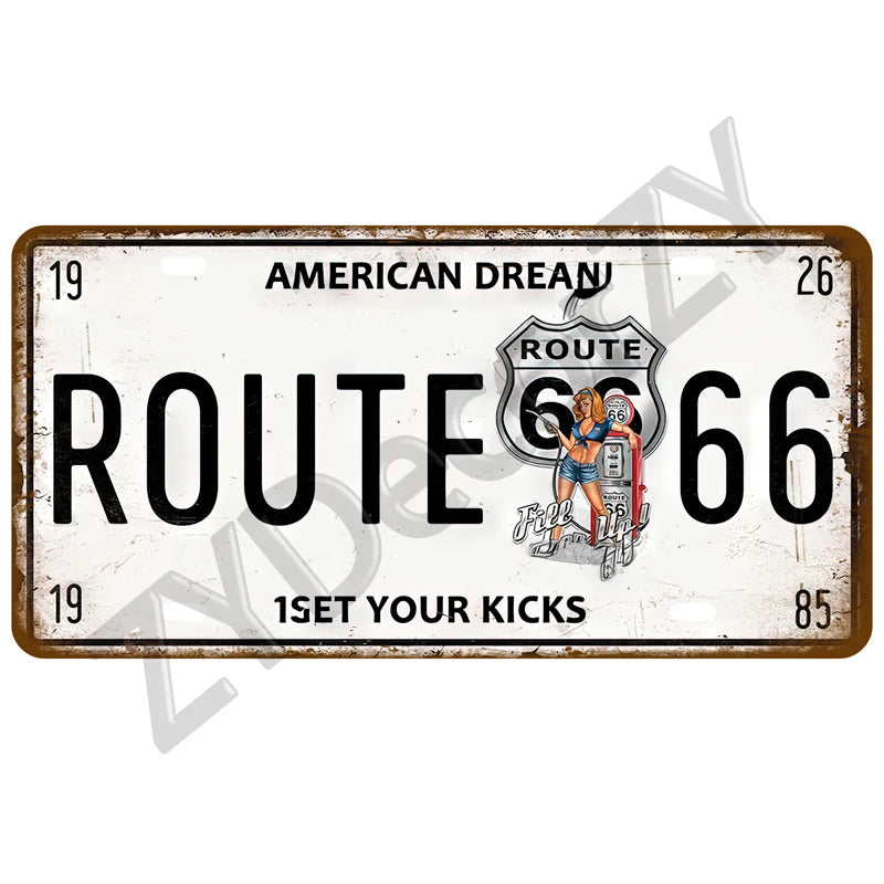 Route 66 Vintage Car Garage Tin Sign — Retro Wall Art Decor