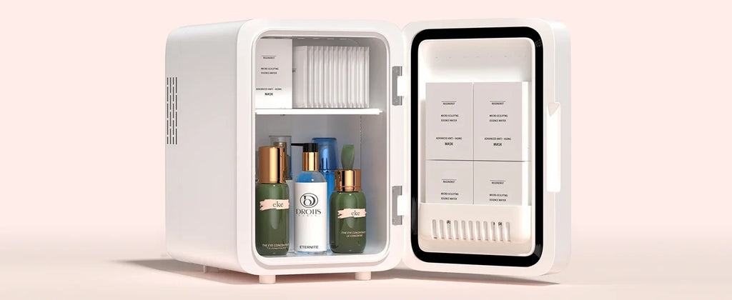 Skincare Fridge with Dimmable LED Light Mirror — 4L Makeup Mini Fridge for Bedroom & Car