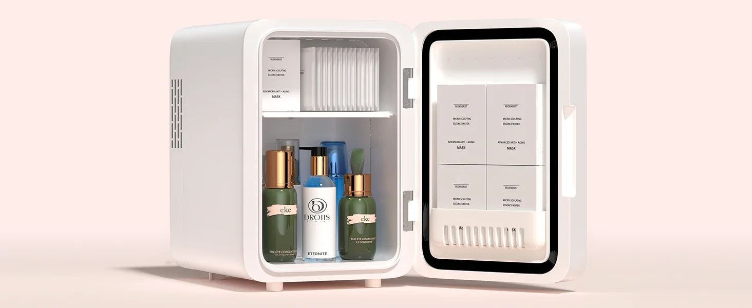 Skincare Fridge with Dimmable LED Light Mirror — 4L Makeup Mini Fridge for Bedroom & Car
