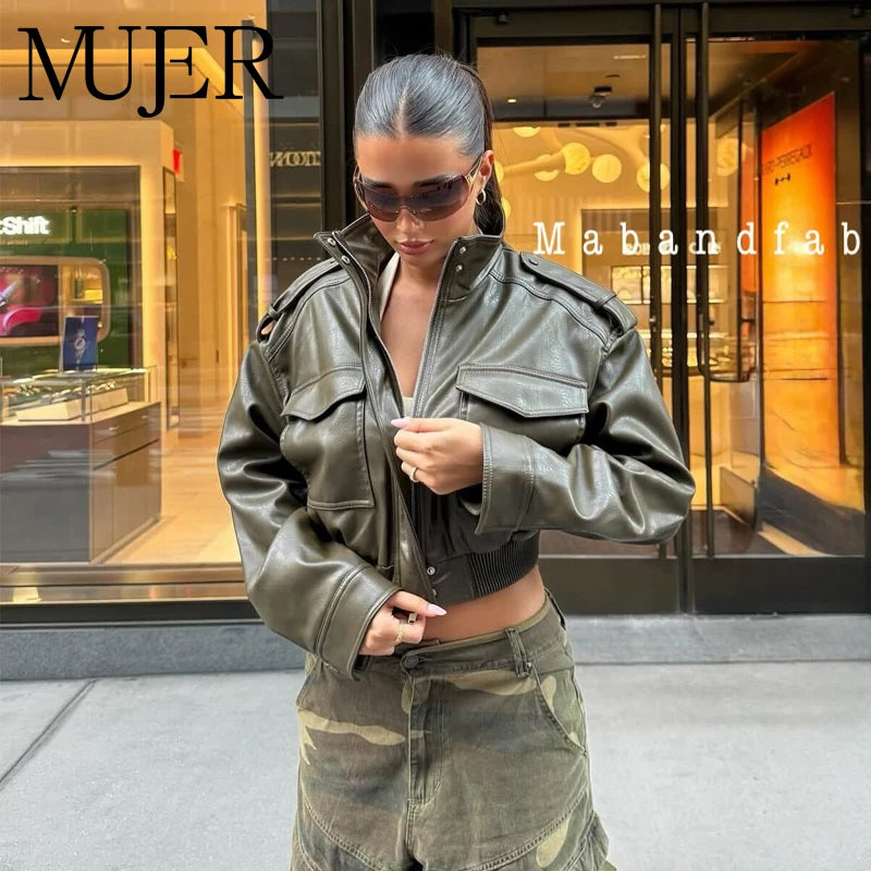 Women's Faux Leather Cropped Bomber Jacket – Zip-Up Moto Biker Coat