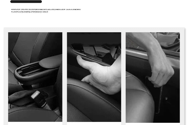 Car interior with cup holder, phone, and hand reaching into a car seat gap, with text in Chinese.