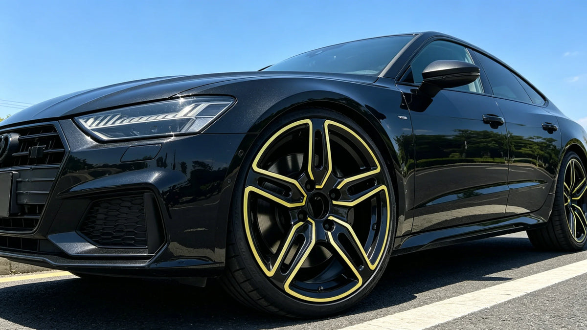 A glossy black Audi sports coupe parked outdoors on asphalt under a blue sky, featuring large multi-spoke wheels with bright yellow accents.