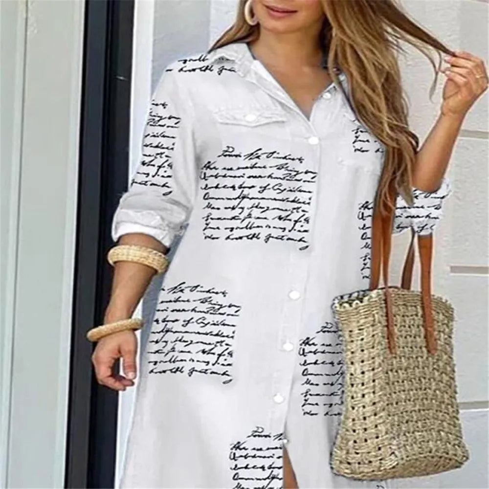 Lapel Literary Print Long Shirt Skirt Dress — Loose Single-Breasted Casual Women's Dress