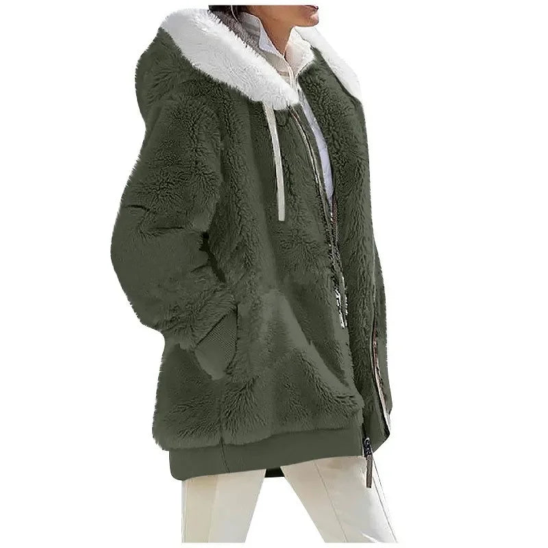 Women's Hooded Zip-Up Fleece Jacket – Loose Casual Solid Color Coat