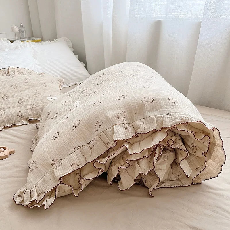 Princess Ruffle Bedding Set – 100% Cotton Gauze Duvet Cover with Pillowcases, Floral, 3-Piece