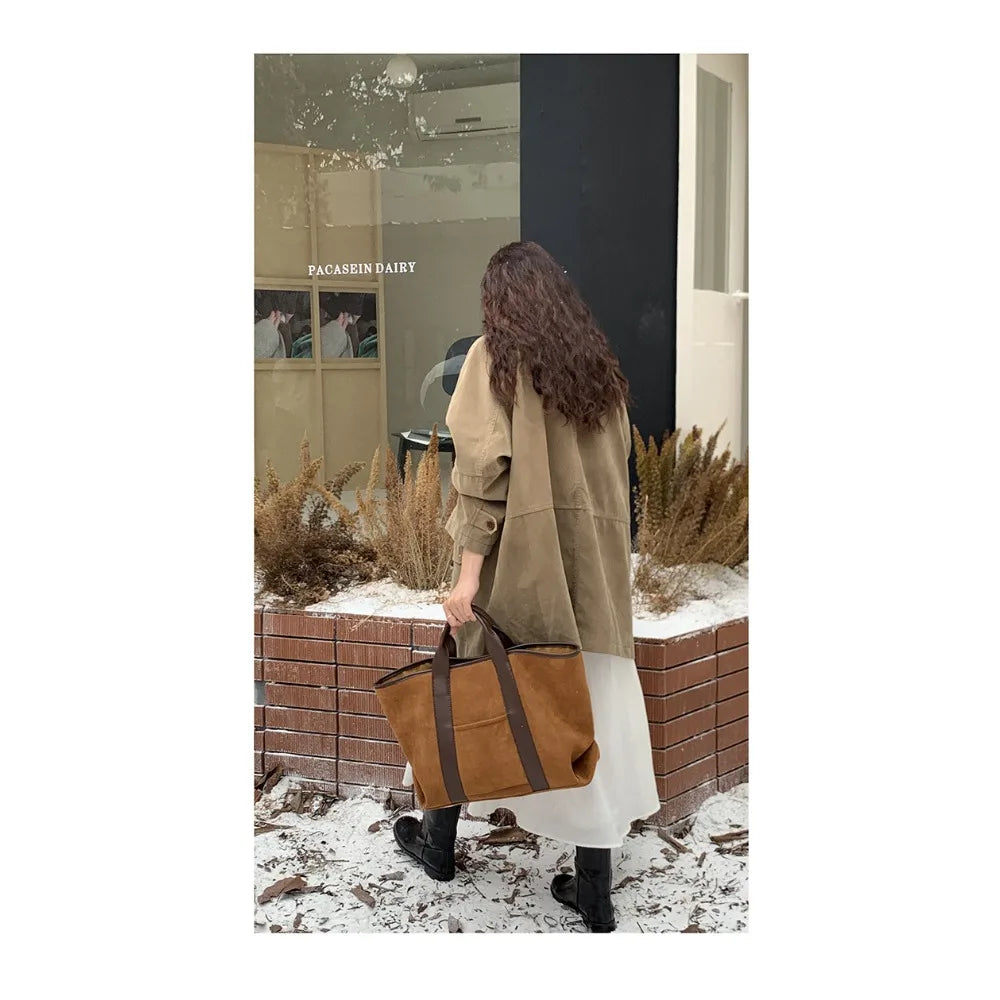 Large Capacity Retro Faux Suede Shoulder Tote Bag – Luxury Commuter Travel Handbag for Women