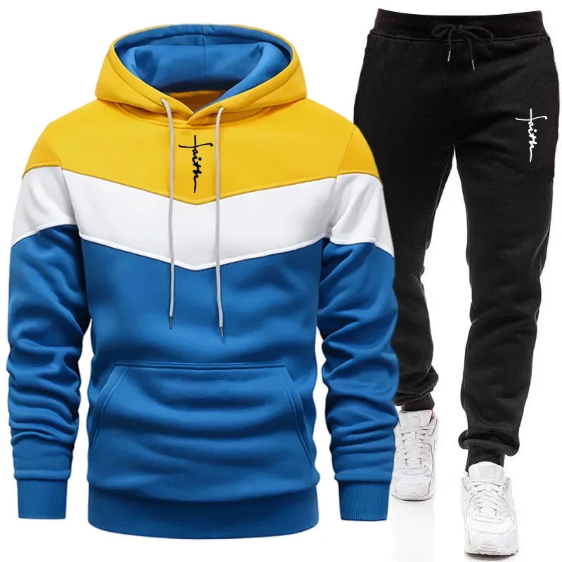 Men's Tricolor Hoodie & Sweatpants Tracksuit – Autumn Winter Casual Sport Set