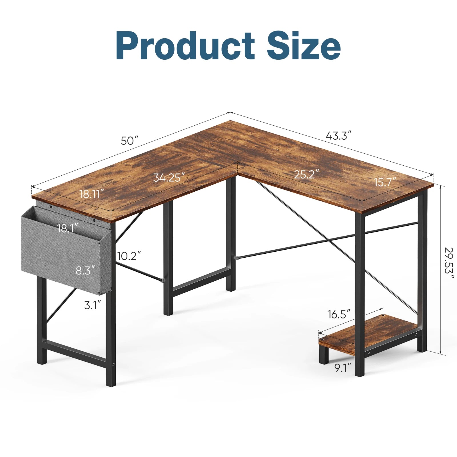 JHK Gaming Corner 50 Inch Office Writing PC Wooden Table with CPU Storage Shelf & Side Bag for Home Office Bedroom Small Space